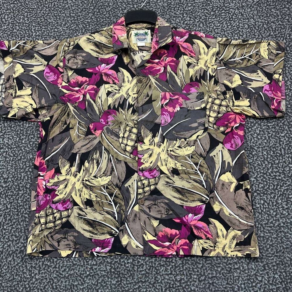 Tropical Shirt Men Large Hawaiian Floral Button Up Short Sleeve Cotton L